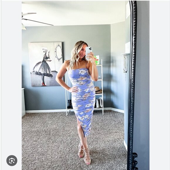 Lulus Stun and Only Lilac Floral Print Ruched Mesh Bodycon Midi Dress NWT XL - Picture 6 of 11